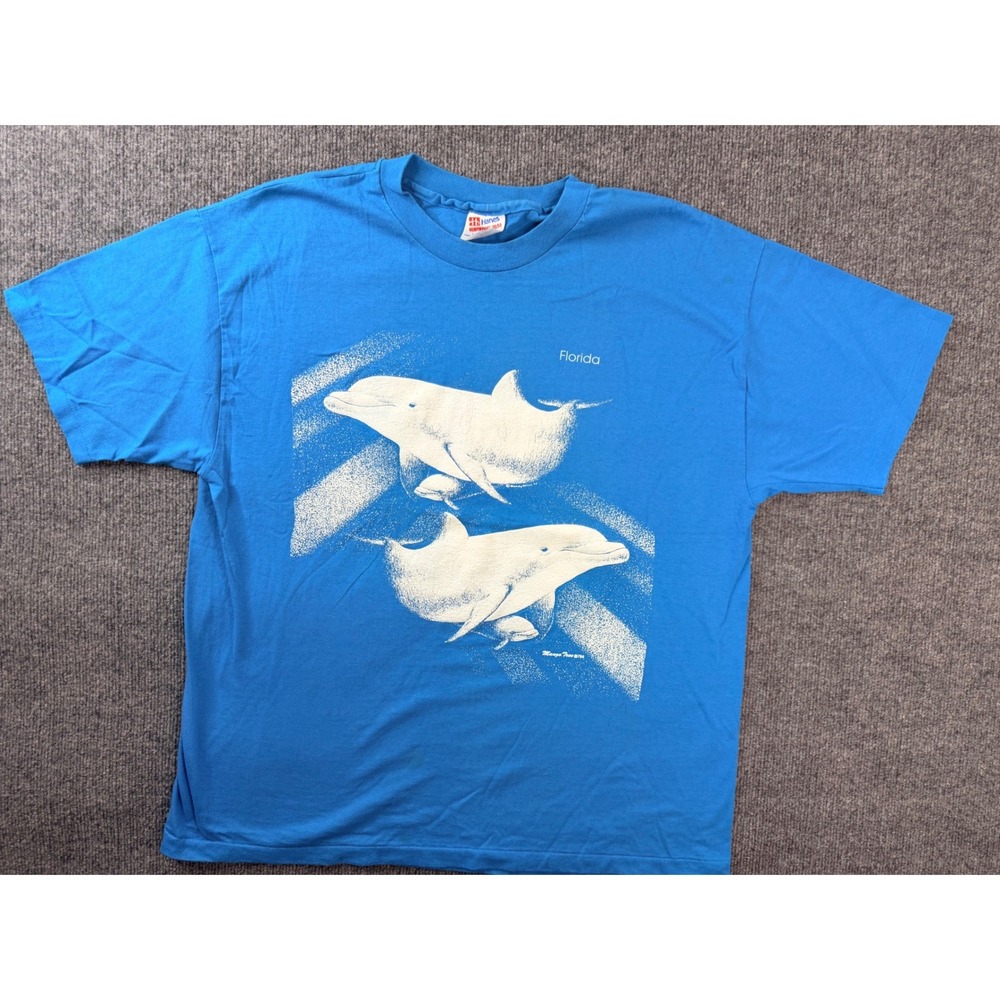Vintage Hanes Florida Dolphin T Shirt XL Blue Graphic Tee 90s USA Made 50/50